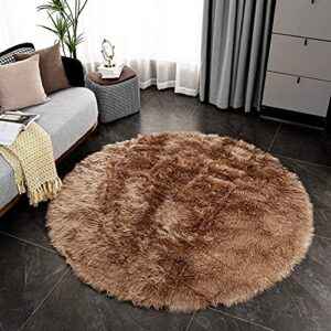 LEEVAN Plush Sheepskin Style Throw Rug Faux Fur Elegant Chic Style Cozy Shaggy Round Rug Floor Mat Area Rugs Home Decorator Super Soft Carpets Kids Play Rug ( 6 ft-Diameter, Coffee )