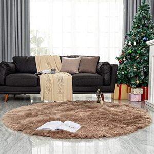 LEEVAN Plush Sheepskin Style Throw Rug Faux Fur Elegant Chic Style Cozy Shaggy Round Rug Floor Mat Area Rugs Home Decorator Super Soft Carpets Kids Play Rug ( 6 ft-Diameter, Coffee )