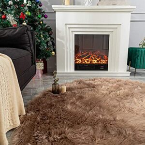 LEEVAN Plush Sheepskin Style Throw Rug Faux Fur Elegant Chic Style Cozy Shaggy Round Rug Floor Mat Area Rugs Home Decorator Super Soft Carpets Kids Play Rug ( 6 ft-Diameter, Coffee )