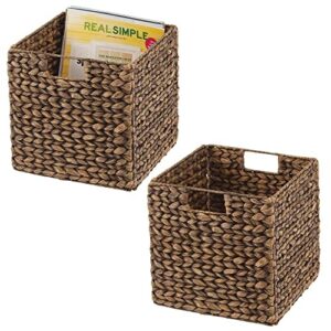 mdesign natural woven hyacinth cube bin basket organizer with handles, storage for bedroom, home office, bathroom, shelf and cubby organization, hold blankets, magazines, books, 2 pack, brown wash