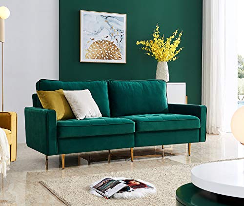 Rhomtree Mid Century Sofa Velvet Fabric Upholster Couch 71” Modern Sectional Futon Bench Loveseat Living Room Sofa with 2 Throw Pillows (Green)