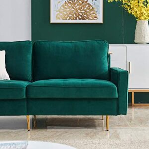 Rhomtree Mid Century Sofa Velvet Fabric Upholster Couch 71” Modern Sectional Futon Bench Loveseat Living Room Sofa with 2 Throw Pillows (Green)