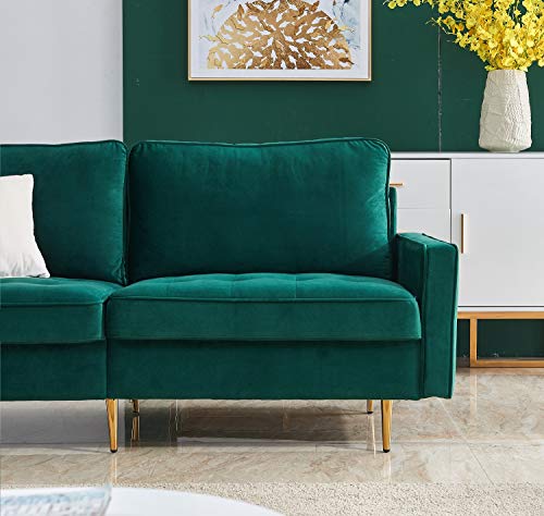 Rhomtree Mid Century Sofa Velvet Fabric Upholster Couch 71” Modern Sectional Futon Bench Loveseat Living Room Sofa with 2 Throw Pillows (Green)