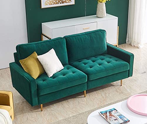 Rhomtree Mid Century Sofa Velvet Fabric Upholster Couch 71” Modern Sectional Futon Bench Loveseat Living Room Sofa with 2 Throw Pillows (Green)