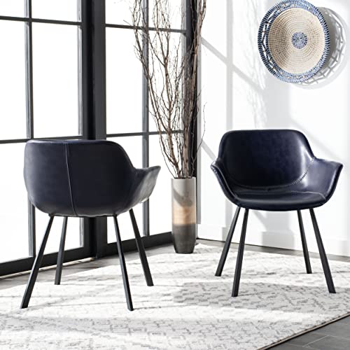 Safavieh Home Arlo Mid-Century Midnight Blue Faux Leather and Black Dining Chair, Set of 2