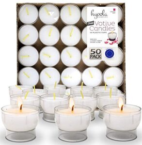 hyoola tea lights votive candles pack of 50 - white votive candles bulk in clear plastic cup - 7 hour burn time unscented votive candles - european made