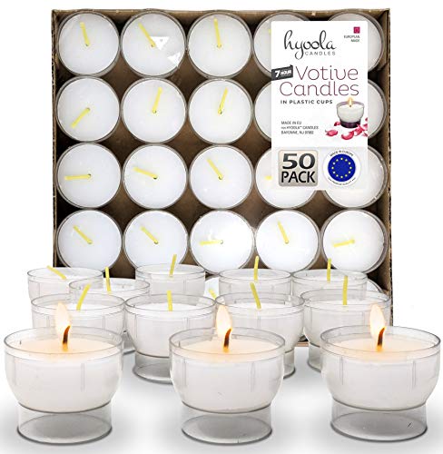 Hyoola Tea Lights Votive Candles Pack of 50 - White Votive Candles Bulk in Clear Plastic Cup - 7 Hour Burn Time Unscented Votive Candles - European Made