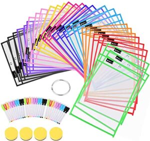 wot i dry erase pockets 30 packs, oversized 10 x 14 inches dry erase sleeves, reused plastic sheet protectors with 30 markers / 4 erasers / 1 ring, assort colors teacher students supplies for class