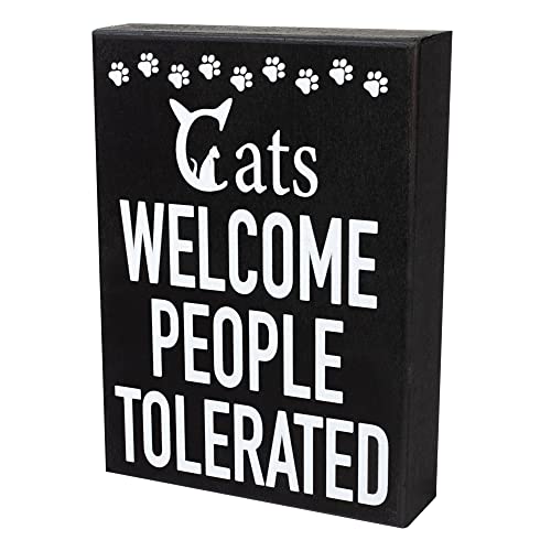 JennyGems Cats Welcome People Tolerated Wooden Sign, Cat Mom Gift and Decor, Funny Cat Signs, Made in USA
