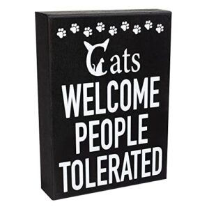 JennyGems Cats Welcome People Tolerated Wooden Sign, Cat Mom Gift and Decor, Funny Cat Signs, Made in USA