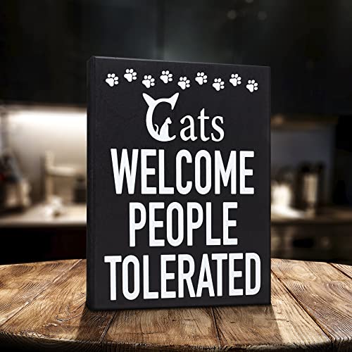 JennyGems Cats Welcome People Tolerated Wooden Sign, Cat Mom Gift and Decor, Funny Cat Signs, Made in USA