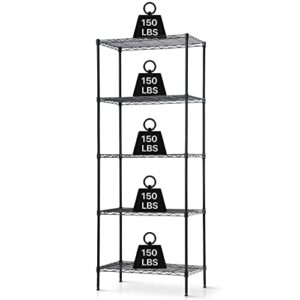 5-tier metal shelving unit, heavy duty storage shelves hold 750lbs nsf steel organizer wire rack for closet basement office kitchen laundry, 24" w x 14" d x 60" h- black