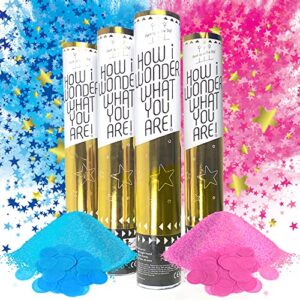 sweet baby co. baby gender reveal confetti cannon with color powder boy or girl blue confetti smoke and pink confetti smoke, set of 4 | twinkle twinkle little star party poppers | holi popper sticks