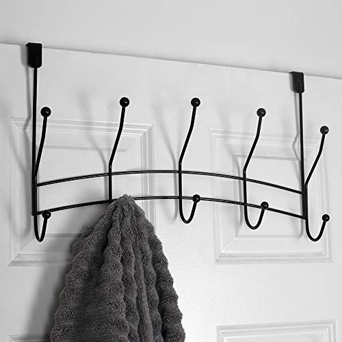 Home Basics Shelby 5 Hook Over The Door Rack for Bathroom, Bedroom or Closet Hanging Coat, Robes, Hats, Bags & Towel, Sturdy Heavy-Duty Clothes Organizer Storage, Black