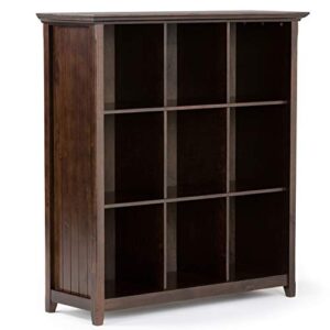 simplihome acadian solid wood 48 inch x 44 inch rustic 9 cube bookcase and storage unit in brunette brown with 9 shelves, for the living room, study and office