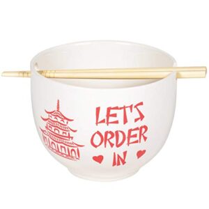 enesco our name is mud let's order in ramen bowl and chopsticks set, 5.25 inch, red and white