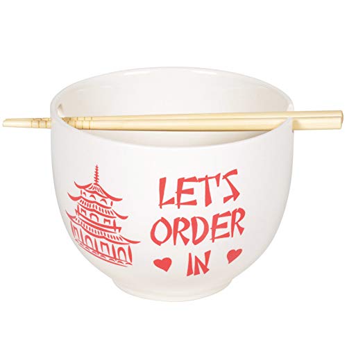 Enesco Our Name is Mud Let's Order in Ramen Bowl and Chopsticks Set, 5.25 Inch, Red and White