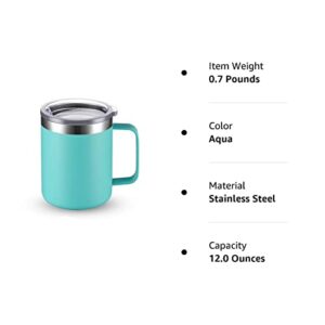 CIVAGO Stainless Steel Coffee Mug Cup with Handle, 12 oz Double Wall Vacuum Insulated Tumbler with Lid Travel Friendly, Reusable and Durable Travel Coffee Cup Thermal Cup, Powder Coated (Aqua, 1 Pack)