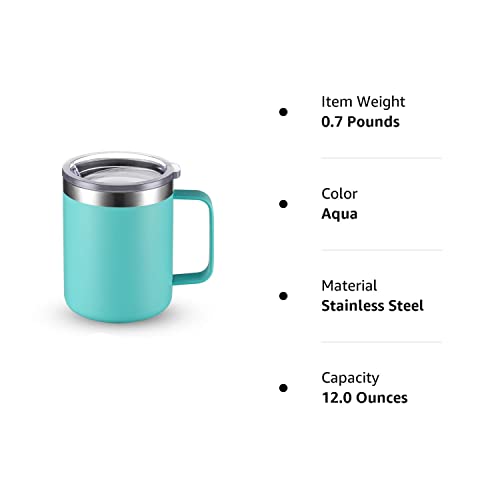 CIVAGO Stainless Steel Coffee Mug Cup with Handle, 12 oz Double Wall Vacuum Insulated Tumbler with Lid Travel Friendly, Reusable and Durable Travel Coffee Cup Thermal Cup, Powder Coated (Aqua, 1 Pack)