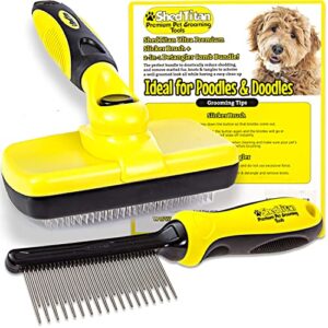 shedtitan self cleaning slicker brush & dematting pet comb value kit - easy, ideal slicker brush for dogs, goldendoodles, poodles, cats - detangler comb removes mats from matted hair, fur for dog, cat