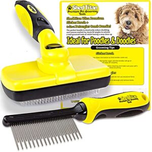 ShedTitan Self Cleaning Slicker Brush & Dematting Pet Comb Value Kit - Easy, Ideal Slicker Brush for Dogs, Goldendoodles, Poodles, Cats - Detangler Comb Removes Mats from Matted Hair, Fur for Dog, Cat