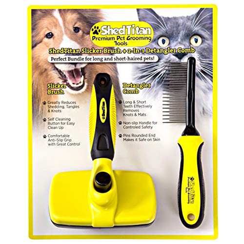 ShedTitan Self Cleaning Slicker Brush & Dematting Pet Comb Value Kit - Easy, Ideal Slicker Brush for Dogs, Goldendoodles, Poodles, Cats - Detangler Comb Removes Mats from Matted Hair, Fur for Dog, Cat