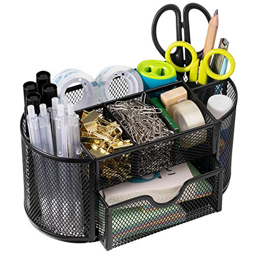 Wellerly Desk Organizer, Office Supplies Pen Holder Organizers Multi-Functional Mesh Desk Organization Storage with 8 Compartments and 1 Drawer Stationery Caddy Oval for Office School Home Supply