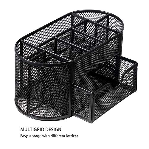 Wellerly Desk Organizer, Office Supplies Pen Holder Organizers Multi-Functional Mesh Desk Organization Storage with 8 Compartments and 1 Drawer Stationery Caddy Oval for Office School Home Supply