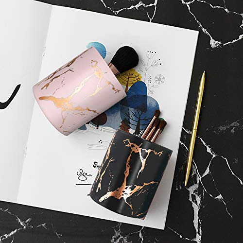 Pen Holder for Girls, WAVEYU Stand for Desk Marble Pattern Pencil Cup for Kids Ceramic Desk Organizer Makeup Brush Holder for Daily Use in Office, Classroom, Home, Black-Golden Marble