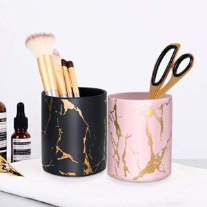 Pen Holder for Girls, WAVEYU Stand for Desk Marble Pattern Pencil Cup for Kids Ceramic Desk Organizer Makeup Brush Holder for Daily Use in Office, Classroom, Home, Black-Golden Marble