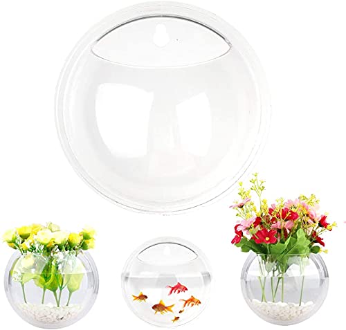 2Pack 5.9'' Wall Mounted Clear Acrylic Round Fish Tank Flower Pot Vase Decoration Wall Hanging Mount Fish Bowl Fish Bubble Aquarium Decorative Plant Pot Hanging Hydroponic Pot