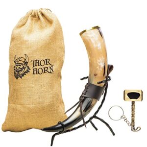 thor horn large viking drinking horn with stand, 15-20 oz natural ox horn cup & cofee mug | cool unique beer gift for men and women, home decor accessories | medieval stein for ale, mead, whiskey