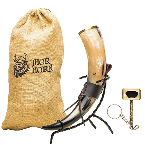 Thor Horn Large Viking Drinking Horn with Stand, 15-20 Oz Natural Ox Horn Cup & Cofee Mug | Cool Unique Beer Gift for Men and Women, Home Decor Accessories | Medieval Stein for Ale, Mead, Whiskey