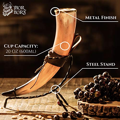 Thor Horn Large Viking Drinking Horn with Stand, 15-20 Oz Natural Ox Horn Cup & Cofee Mug | Cool Unique Beer Gift for Men and Women, Home Decor Accessories | Medieval Stein for Ale, Mead, Whiskey