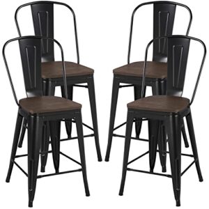 yaheetech 24inch seat height style dining stools chairs with wood seat/top and high backrest, industrial metal counter height stool, modern kitchen dining bar chairs rustic, black, set of 4