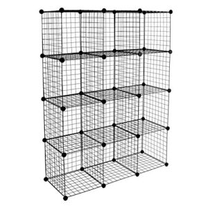 work-it! wire storage cubes, 12-cube metal grid organizer | modular wire shelving units, stackable bookcase, diy closet cabinet organizer for home, office, kids room | 14" w x 14" h, black