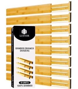 expandable bamboo drawer dividers 8 pack(17.5"-22")drawer organizer for kitchen organization,clothes,utensils,silverware,dressers,office,desk,bathroom,bedroom,spring loaded adjustable deep separators