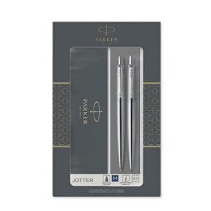 parker jotter duo gift set with ballpoint pen & mechanical pencil (0.5mm) | stainless steel with chrome trim | blue ink refill