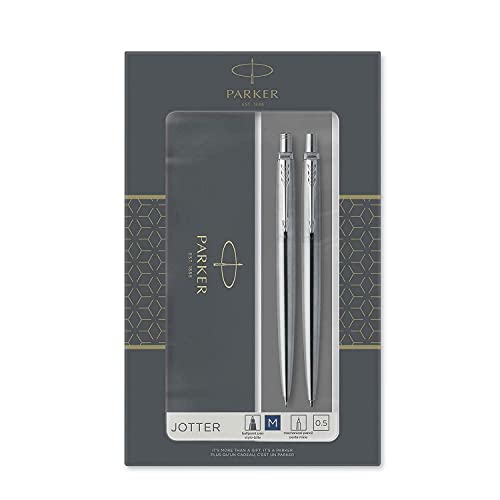 Parker Jotter Duo Gift Set with Ballpoint Pen & Mechanical Pencil (0.5mm) | Stainless Steel with Chrome Trim | Blue Ink Refill