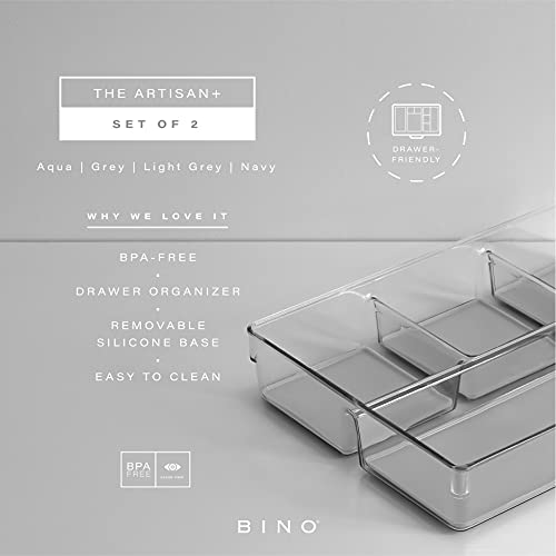 BINO | 4-Section Plastic Drawer Organizer Bin, Light Grey - 2 Pack | THE ARTISAN+ | Multi-Purpose | Soft-Grip Lining and Non-Slip Rubber Feet | Durable | BPA-Free | Desk Drawer Organizer | Vanity Org