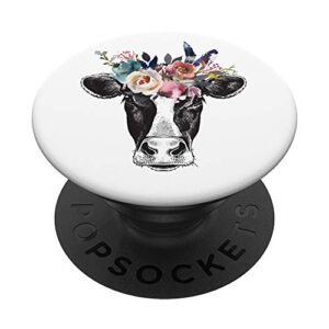 cute funny cow head pink peach rose green leaf bouquet popsockets popgrip: swappable grip for phones & tablets