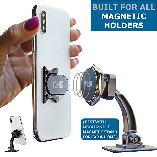 3 Finger Phone Ring Holder Kickstand - MOBI HANDLE Comfy Secure Grip, Scratch Resistant Durable Light Metal for Magnetic Car Mount or Stand, Gift Idea, w/Wrist Strap [Black]