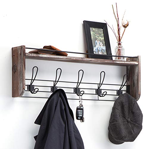 J JACKCUBE DESIGN Rustic Wall Mounted Coat Rack 5 Hooks Wood Floating Shelf Entryway Hanger for Hat, Small Bag, Key, Kids Backpack Leash Decorative Organizer -MK508A