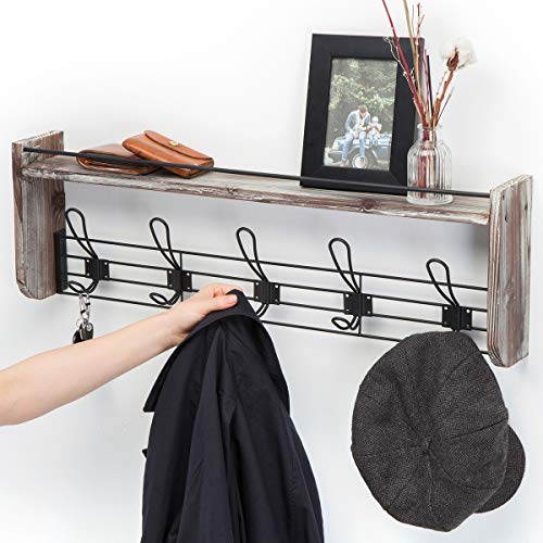 J JACKCUBE DESIGN Rustic Wall Mounted Coat Rack 5 Hooks Wood Floating Shelf Entryway Hanger for Hat, Small Bag, Key, Kids Backpack Leash Decorative Organizer -MK508A