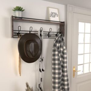 J JACKCUBE DESIGN Rustic Wall Mounted Coat Rack 5 Hooks Wood Floating Shelf Entryway Hanger for Hat, Small Bag, Key, Kids Backpack Leash Decorative Organizer -MK508A