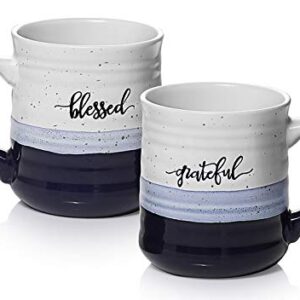 DOWAN Coffee Mugs, Large 20 oz Mugs Set of 2 with Word Blessed Grateful, Porcelain Christian Coffee Cup, Thank You Gifts for Men Women All, Blue White
