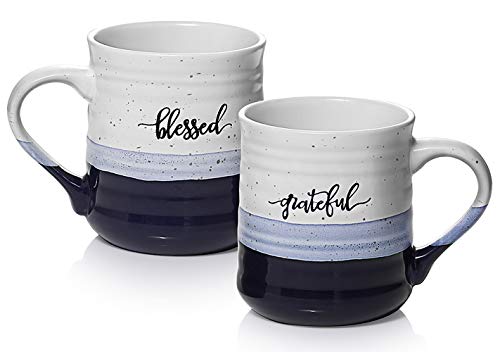 DOWAN Coffee Mugs, Large 20 oz Mugs Set of 2 with Word Blessed Grateful, Porcelain Christian Coffee Cup, Thank You Gifts for Men Women All, Blue White