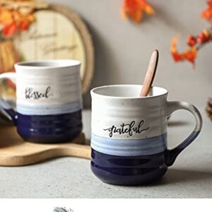 DOWAN Coffee Mugs, Large 20 oz Mugs Set of 2 with Word Blessed Grateful, Porcelain Christian Coffee Cup, Thank You Gifts for Men Women All, Blue White