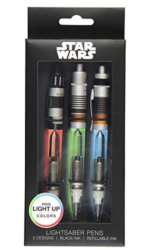 Bioworld Star Wars Light-Up Lightsaber Refillable Ink Pens 3 PC Set - Darth Vader, Skywalker, and Obi-Wan