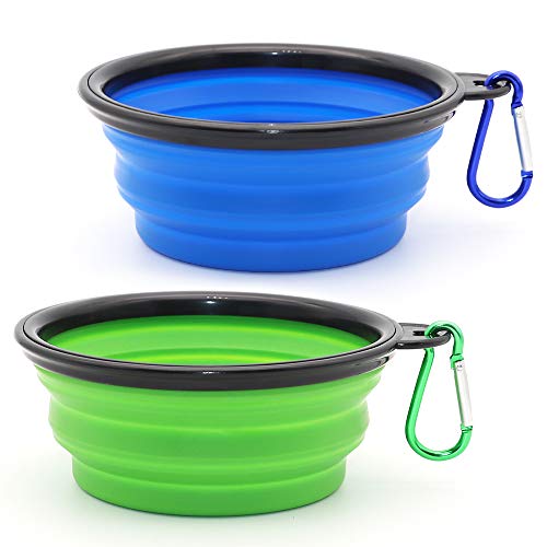 Dog Bowl, 2 Pack Collapsible Water Bowls for Cats, Portable Pet Feeding Watering Dish for Walking Parking Traveling with 2 Carabiners (Small, Blue+Green)